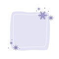 Christmas winter hand drawn pastel lilac square frame with snowflakes. Modern minimalist aesthetic holiday element