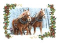 Christmas winter happy scene with frame - sleigh with two running horses