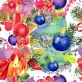 Christmas winter holiday candles and Christmas toys in a watercolor style isolated. Seamless background pattern.
