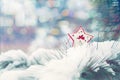 Christmas winter holiday greeting card. Red star with Xmas angel on green christmas trees with snow Royalty Free Stock Photo