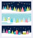 Christmas and Winter Holidays Events Festive Backgrounds, Banners or Headers with Landscape, Snowman, Trees and Royalty Free Stock Photo