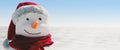 Christmas and winter holidays greeting card template with big close-up snowman and copy space on the right