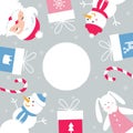 Christmas and Winter Holidays Round Banner. Santa, Snowman and Presents