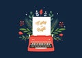 Christmas and Winter Holidays Theme Illustration of Red Typewriter and Green Ornament. Merry and Bright Sign. Vector