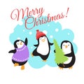 Christmas winter holidays vector greeting card with cute cartoon penguins Royalty Free Stock Photo