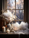 Christmas winter home decor with feather and dried plants, Christmas ornaments and candles Royalty Free Stock Photo