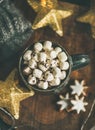 Christmas Winter Hot Chocolate With Marshmellows Served With Light Garland