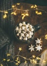 Christmas Winter Hot Chocolate Served With Light Garland, Top View