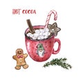 Christmas winter hot drink watercolor illustration. Red mug with cocoa or chocolate, peppermint and gingerbread cookies, isolated Royalty Free Stock Photo