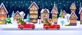 Christmas winter house landscape, vector x-mas holiday snow town seamless background, red truck, road. Royalty Free Stock Photo