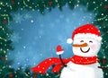 Christmas winter illustration banner postcard with frame and snowman Royalty Free Stock Photo