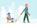 Christmas winter illustration. Father drags a sled with his son across the snow. A man wears a cap of Santa Claus and red mittens