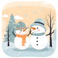 Christmas, winter illustration with two snowmen in the yard. Postcard or congratulation Royalty Free Stock Photo