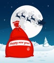 Christmas winter landscape with big red bag with gifts. Santa flying with reindeer sleigh. Full moon and stars on the background Royalty Free Stock Photo