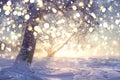 Christmas winter landscape. Glowing bokeh lights of falling snowflakes. Frosty trees in winter park. Xmas background Royalty Free Stock Photo