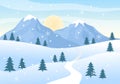 Christmas Winter Landscape and New Year Background Vector Illustration With a View Of Falling White Snow, Trees, Mountains In Flat Royalty Free Stock Photo