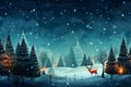 Christmas winter landscape with snow drifts, forest, pines, reindeer. Holiday nature background with hills and Christmas trees. X-