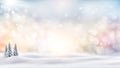 Christmas winter light blurred bokeh background with snowy fir trees and garland lights. New Year, wintertime holidays art design Royalty Free Stock Photo