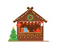 Christmas winter Market stall or wooden kiosk with gifts