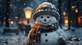 Christmas winter new year holiday snowman stands decorated on the snow
