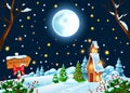 Christmas winter night landscape, vector holiday x-mas background, Santa Claus house, full moon, stars. Royalty Free Stock Photo