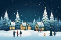 Christmas winter night scene with houses, lanterns, snow, fir trees, snowman and people in the forest. Generative ai Royalty Free Stock Photo