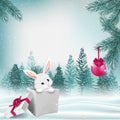 Christmas winter outdoor scene with cute cartoon bunny in gift box. Vector Royalty Free Stock Photo