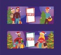 Christmas winter sale vector happy smile family man with woman together shopping bags 2019 Xmas shopping big offer