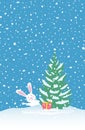 Christmas Winter Scene Upright Orientation. Hare Near Fir Tree.