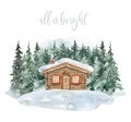 Christmas winter scene with watercolor wood cabin in a pine forest