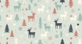 Christmas Winter Seamless Pattern with Deer, Trees, and Snowflakes Royalty Free Stock Photo