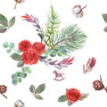 christmas winter seamless pattern with fir branches and red rose cones on white background