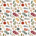 Christmas winter seamless pattern with flowers, leaves, branch, berries, poinsettia.