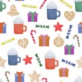 Christmas winter seamless pattern. With hot coffee drink, gingerbread gingerbread, sweets and presents. Holiday New Year symbols Royalty Free Stock Photo