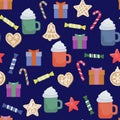 Christmas winter seamless pattern. With hot coffee drink, gingerbread gingerbread, sweets and presents. Holiday New Year symbols Royalty Free Stock Photo