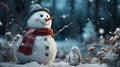 A Christmas winter with a snowman. AI Generated.