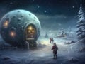 Christmas winter sphere house covered by snow, night sky over the village. Fairy tale fantasy Royalty Free Stock Photo