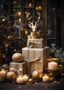 Christmas winter still life with gift box, gold figurine of deer, decorative Christmas tree, burning candles and festive