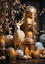 Christmas winter still life with gift box, gold figurine of deer, decorative Christmas tree, burning candles and festive