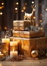 Christmas winter still life with gift box, gold figurine of deer, decorative Christmas tree, burning candles and festive