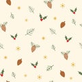 Christmas and winter themed seamless pattern, with pineapples, hollies and golden snowflakes on light yellow background