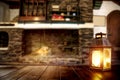 Christmas winter time, moody burning lantern on wooden table. Space for your text or decoration. Old fireplace wall background.