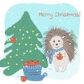 Christmas and winter vector illustration with lovely hedgehog decorating fir tree and Merry Christmas phrase.