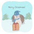 Christmas and winter vector illustration with lovely hedgehog and Merry Christmas phrase.