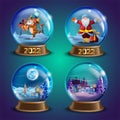 Christmas winter vector snow ball collection with decorated village houses, pine trees, Santa Claus, chinese symbol Royalty Free Stock Photo