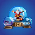Christmas winter vector snow ball collection with decorated village houses, pine trees, Santa Claus. X-mas glass globe Royalty Free Stock Photo