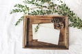 Christmas or winter wedding mock-up scene. Blank cotton paper greeting cards, old wooden tray, pine cones and green