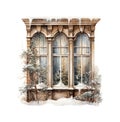 Christmas winter window front view. Watercolor winter landscape illustration.