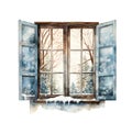 Christmas winter window front view. Watercolor winter landscape illustration.