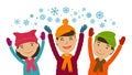 Christmas, winter, wintertime concept. Children rejoice in the snow. Cartoon vector illustration